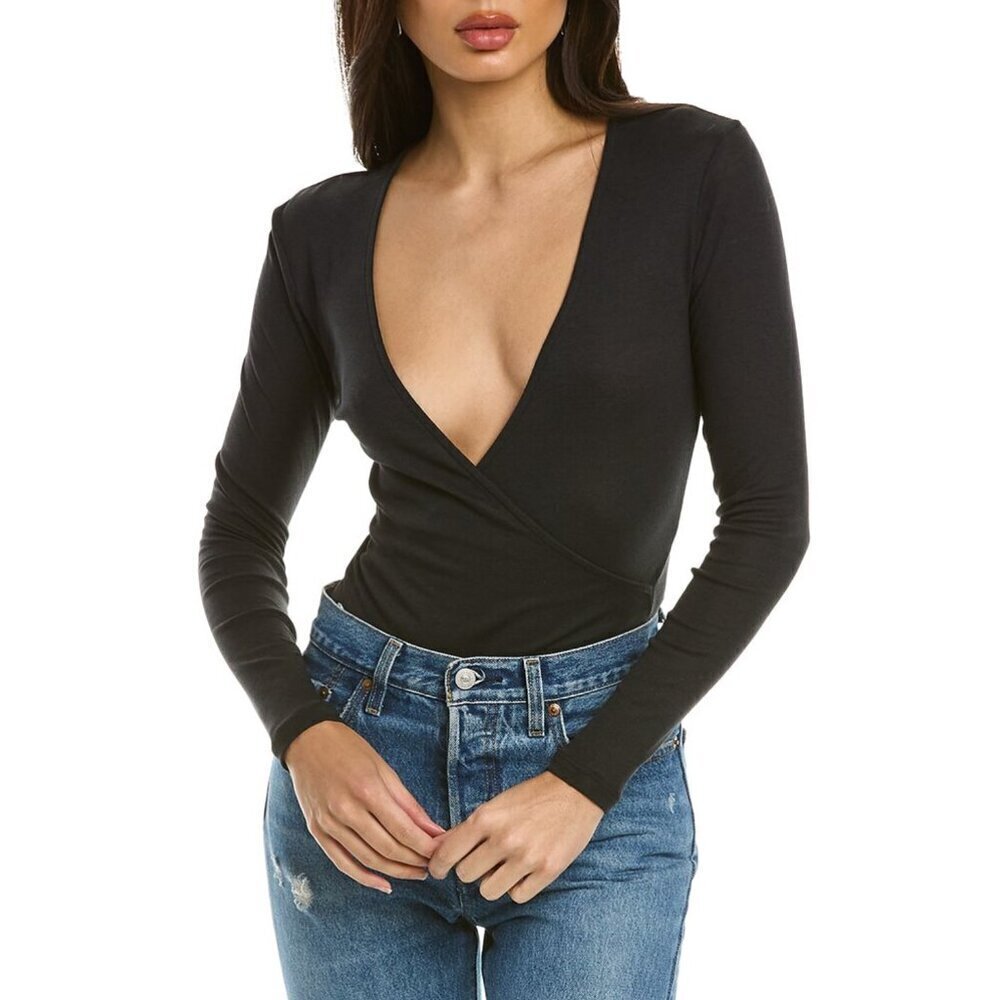 ba&sh Celia Faux Wrap Super Soft Long Sleeve Bodysuit in Black Sz. M NEW